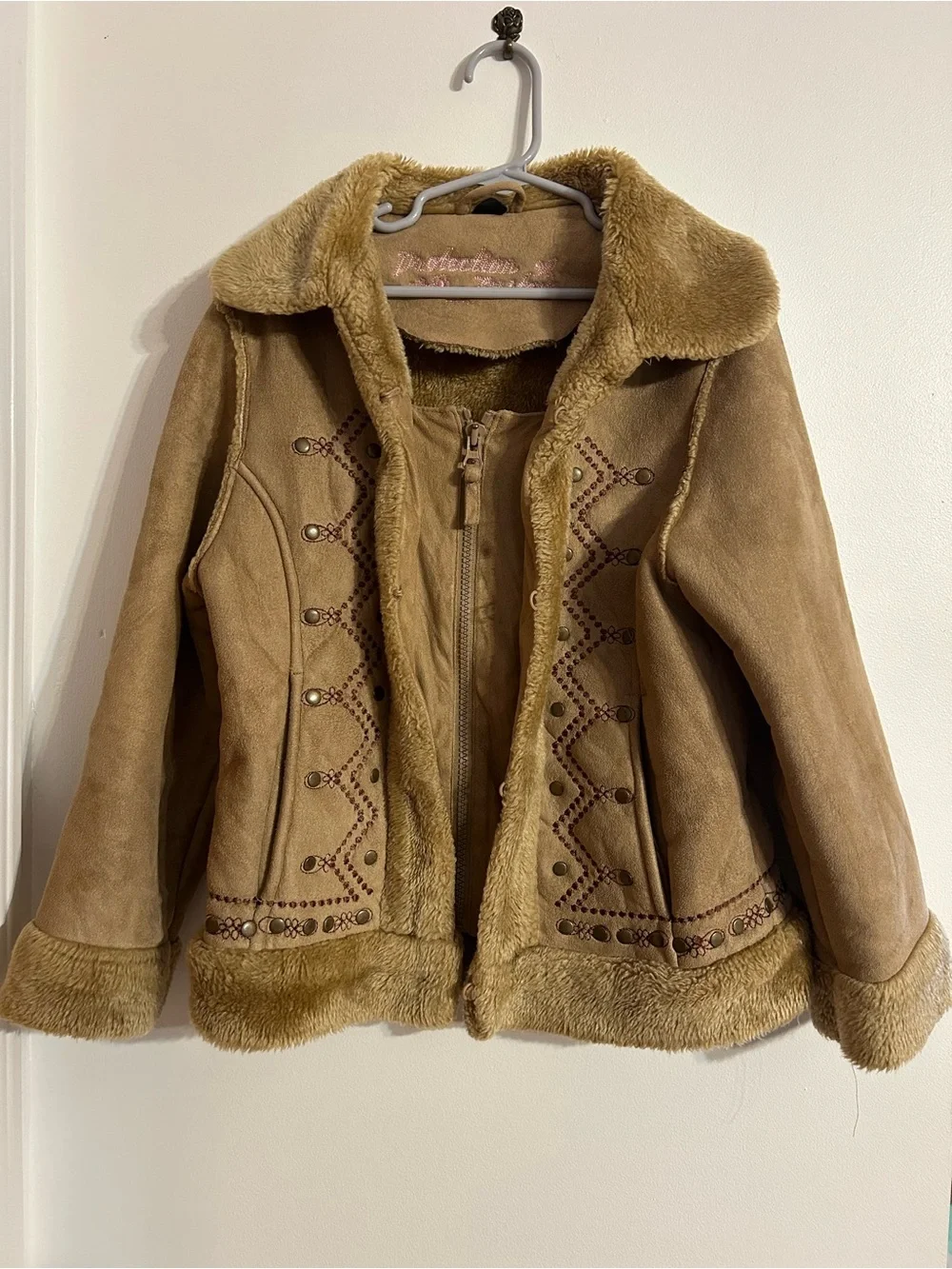 Girls' Tan Faux Suede Shearling Jacket Y2K